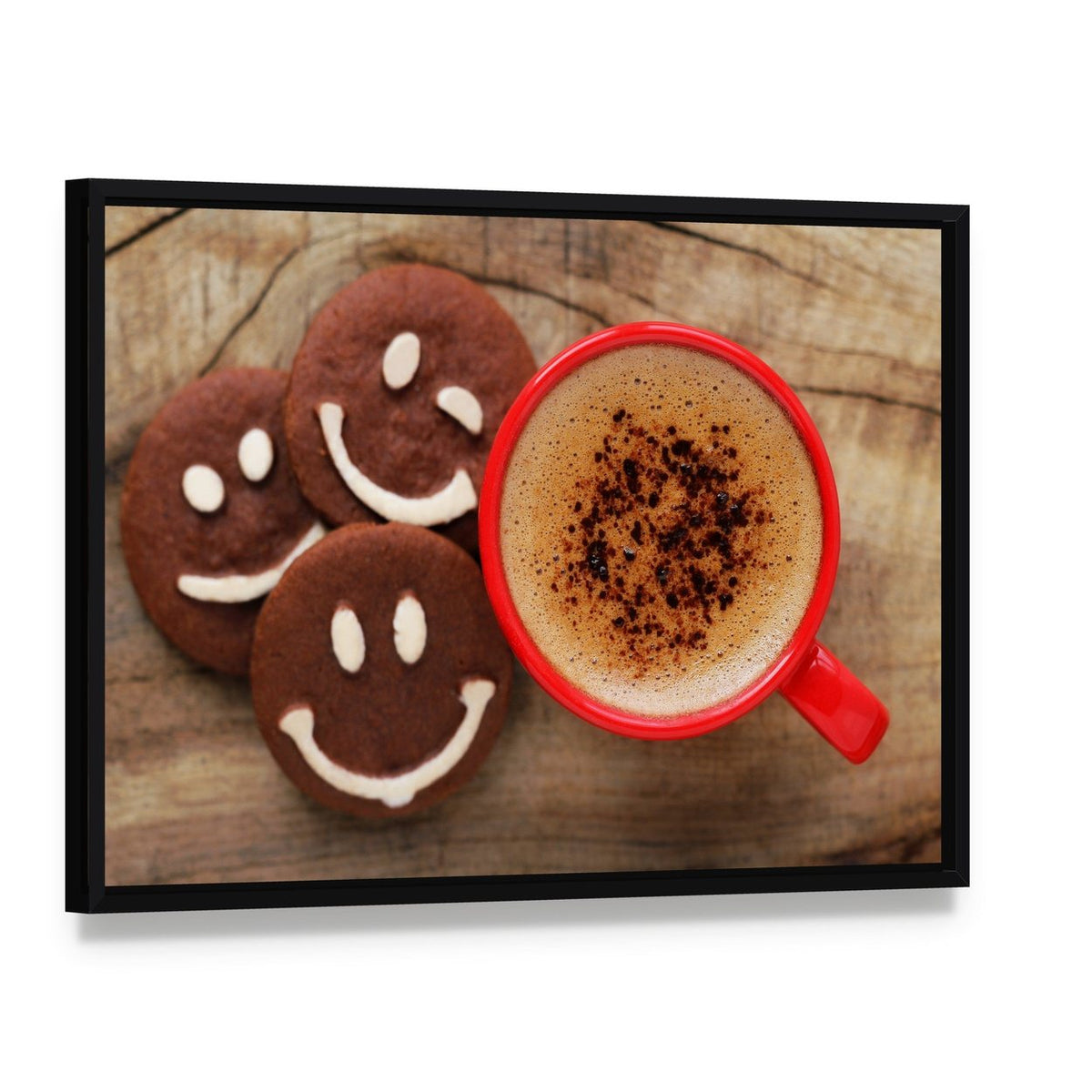Coffee Cup and Cookies Canvas Wall Art, framed canvas in a black floater frame, angled product view