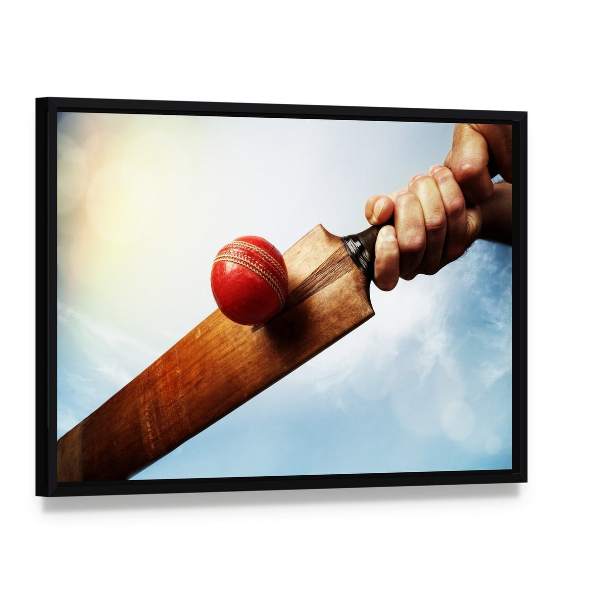 Batsman Hitting a Ball Canvas Wall Art, framed canvas in a black floater frame, angled product view