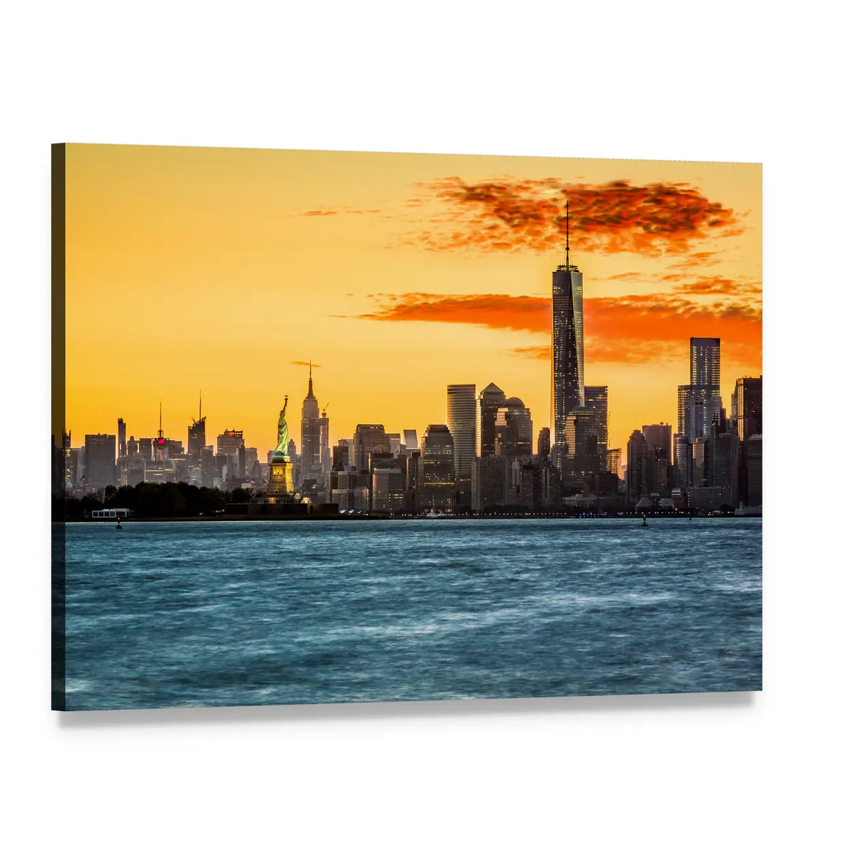 Statue of Liberty Facing Freedom Tower Canvas Wall Art, single panel gallery wrapped canvas, angled product view