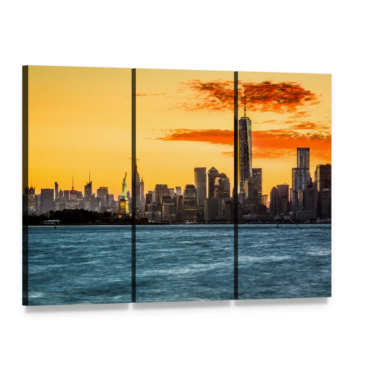 Statue of Liberty Facing Freedom Tower Canvas Wall Art, 3 panel 3 Horizontal layout gallery wrapped canvas set, angled product view