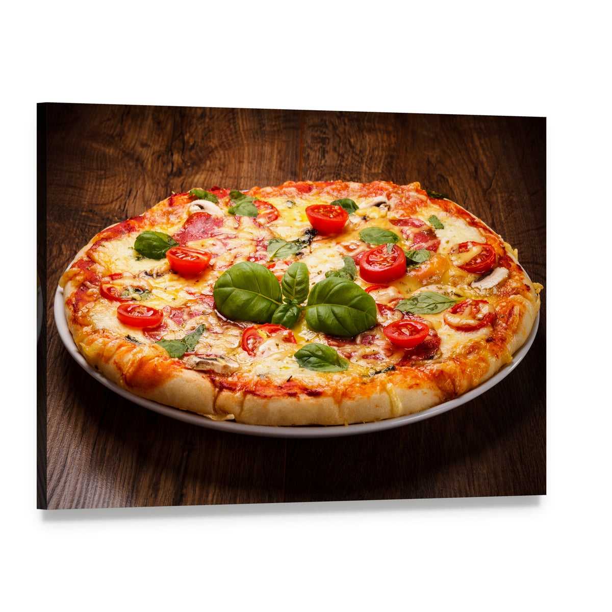 Pizza with Basil and Cherry Tomatoes Canvas Wall Art, single panel gallery wrapped canvas, angled product view