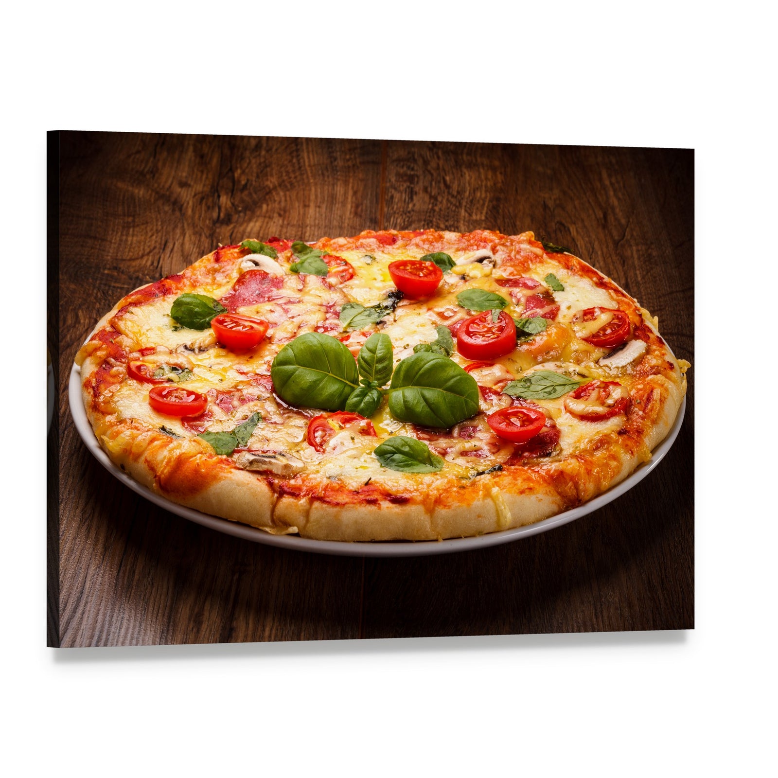 Pizza with Basil and Cherry Tomatoes Canvas Wall Art, single panel gallery wrapped canvas, angled product view