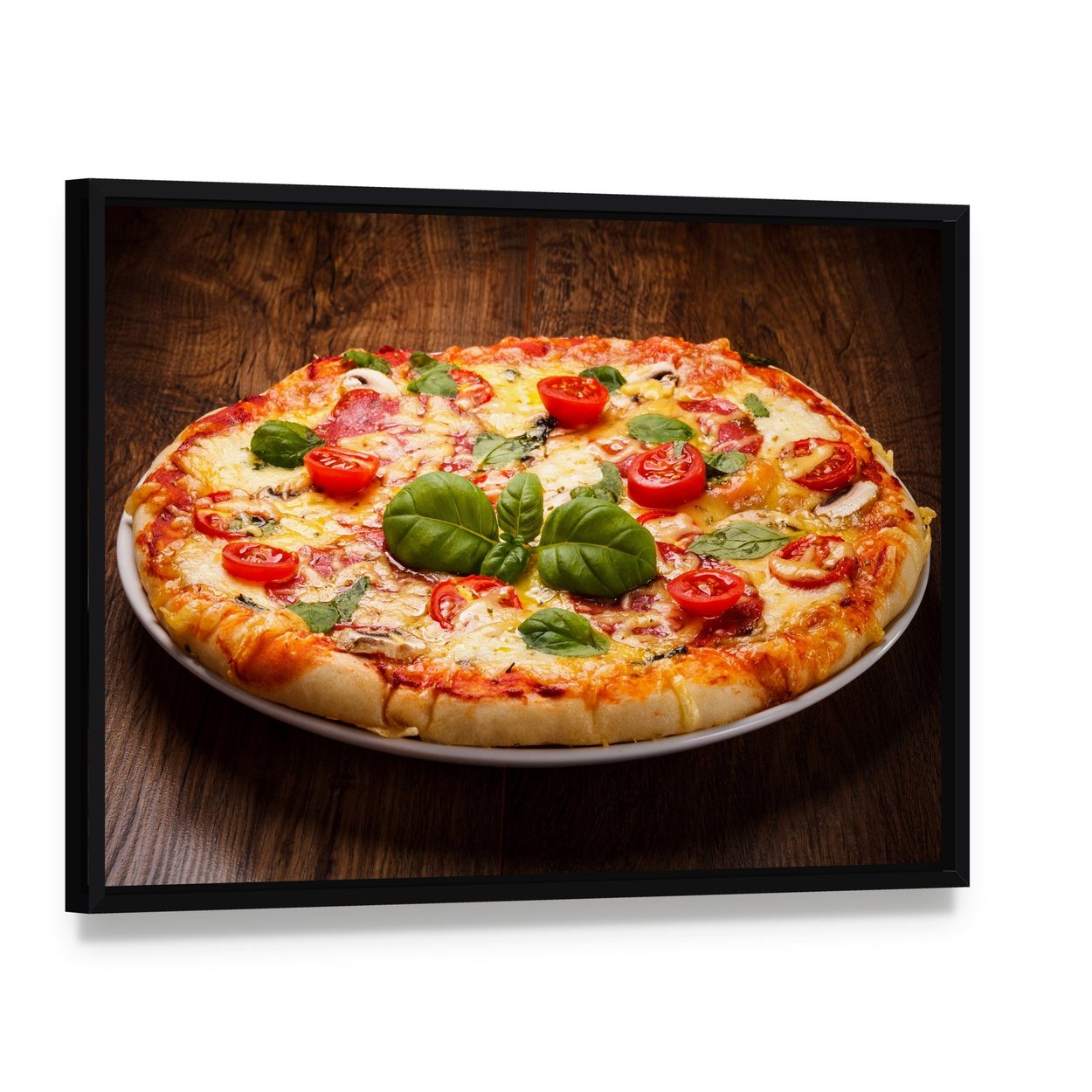 Pizza with Basil and Cherry Tomatoes Canvas Wall Art, framed canvas in a black floater frame, angled product view