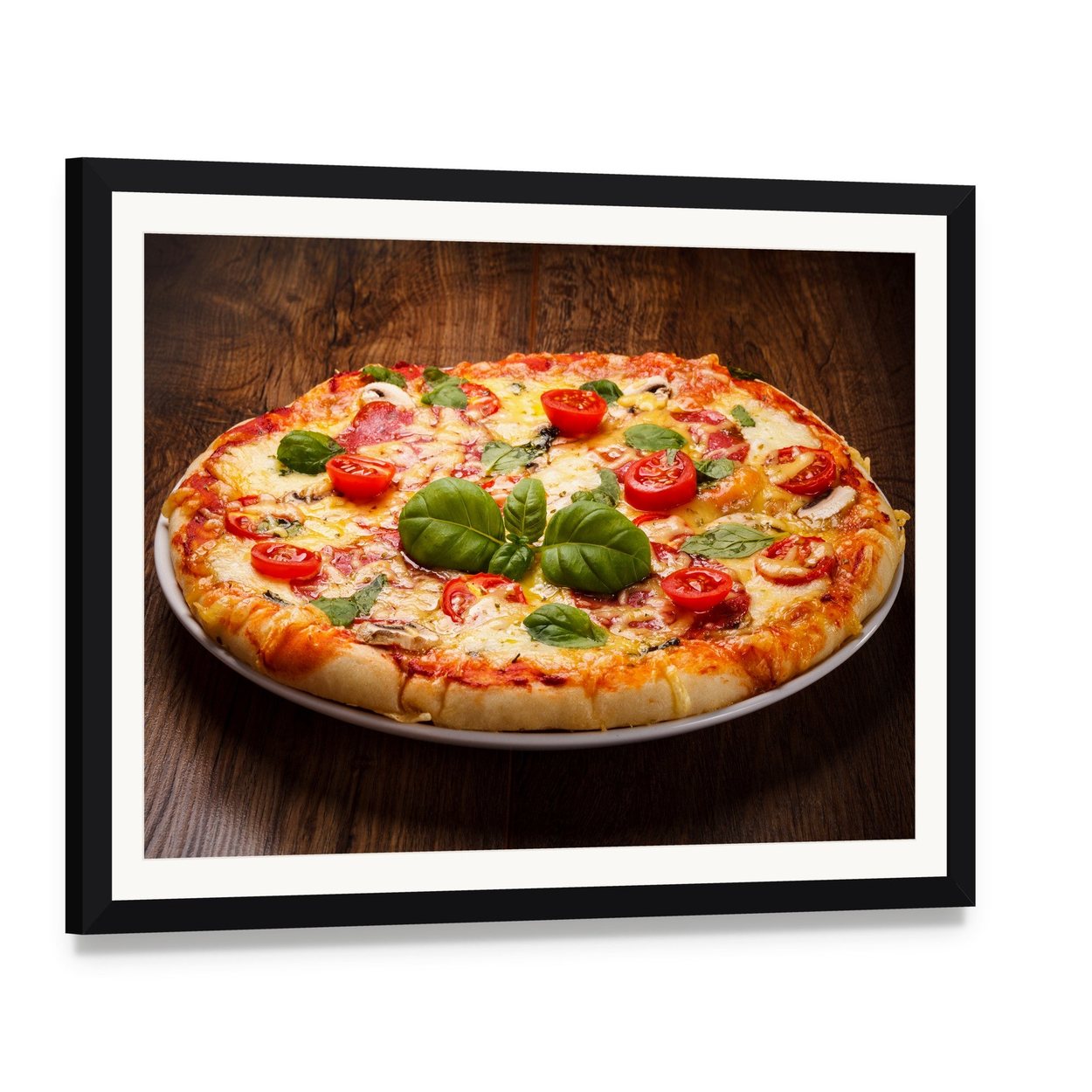 Pizza with Basil and Cherry Tomatoes Canvas Wall Art, framed print with white mat and black frame, angled product view