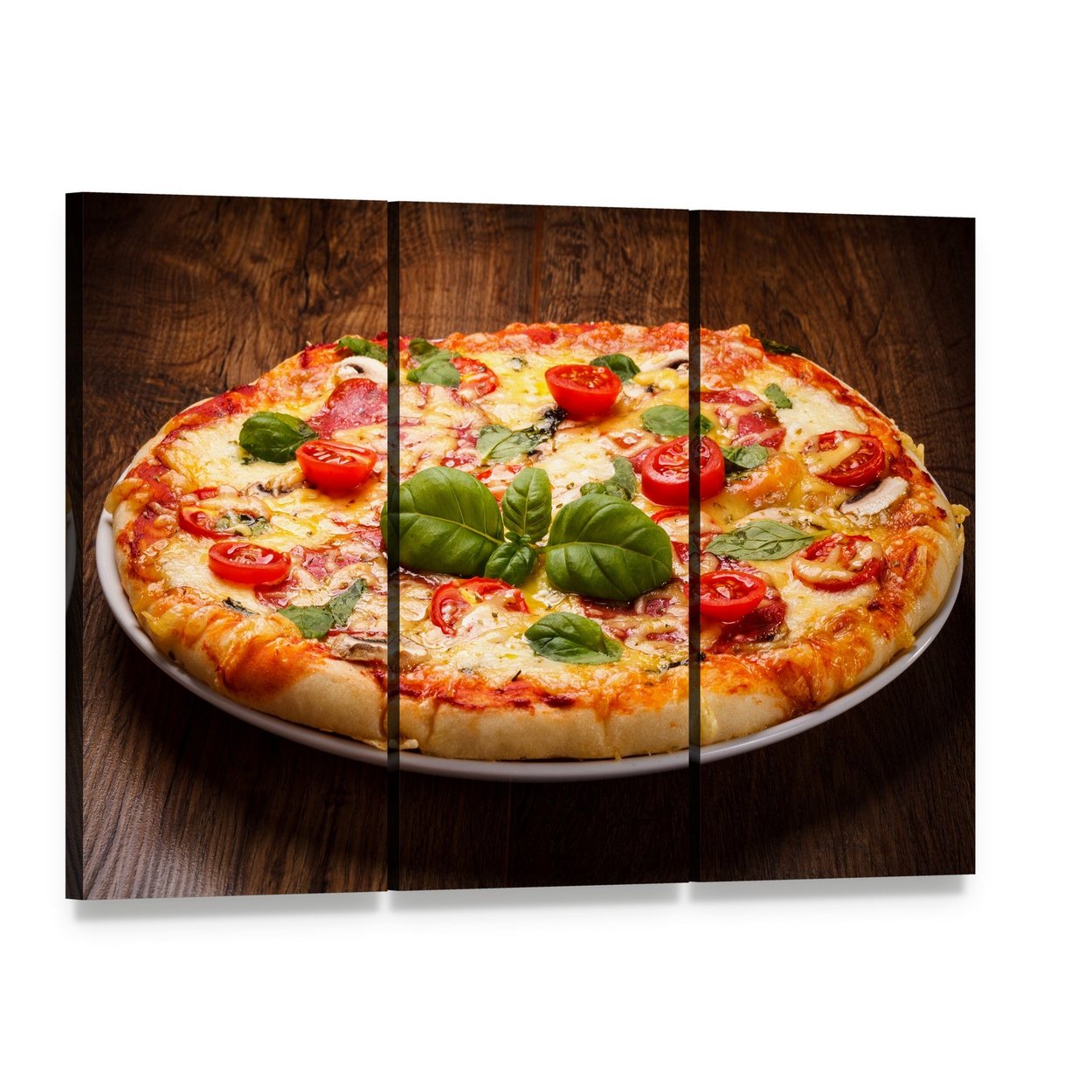 Pizza with Basil and Cherry Tomatoes Canvas Wall Art, 3 panel 3 Horizontal layout gallery wrapped canvas set, angled product view