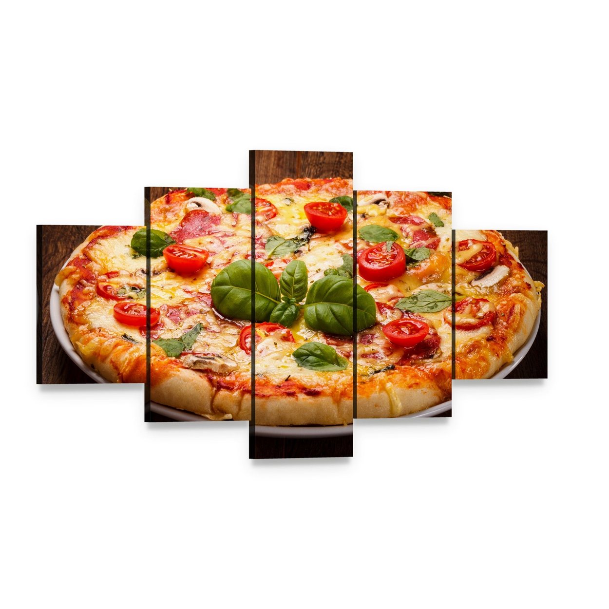 Pizza with Basil and Cherry Tomatoes Canvas Wall Art, 5 panel 5 Star layout gallery wrapped canvas set, angled product view