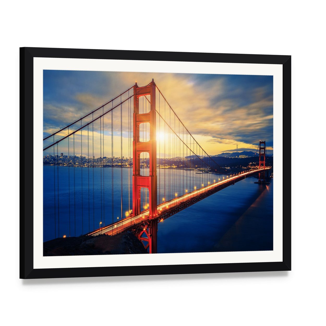 Golden Gate Bridge at Sunset Canvas Wall Art, framed print with white mat and black frame, angled product view