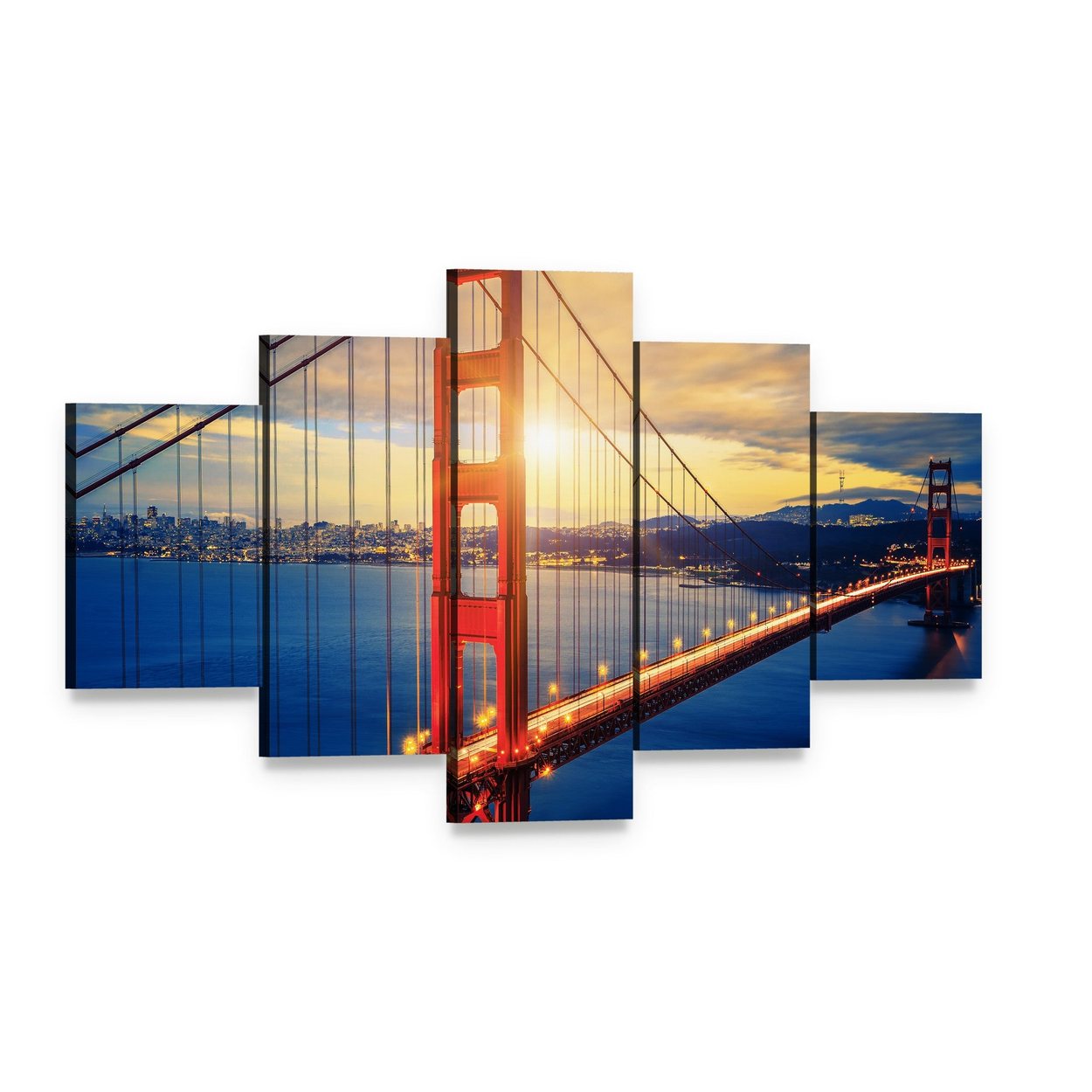 Golden Gate Bridge at Sunset Canvas Wall Art, 5 panel 5 Star layout gallery wrapped canvas set, angled product view