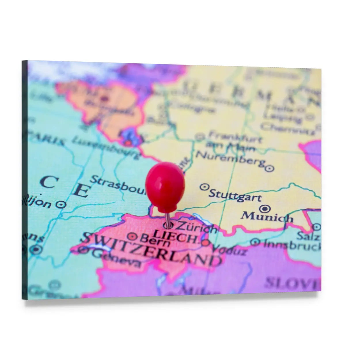 Red Pushpin on Map of Switzerland Canvas Wall Art, single panel gallery wrapped canvas, angled product view