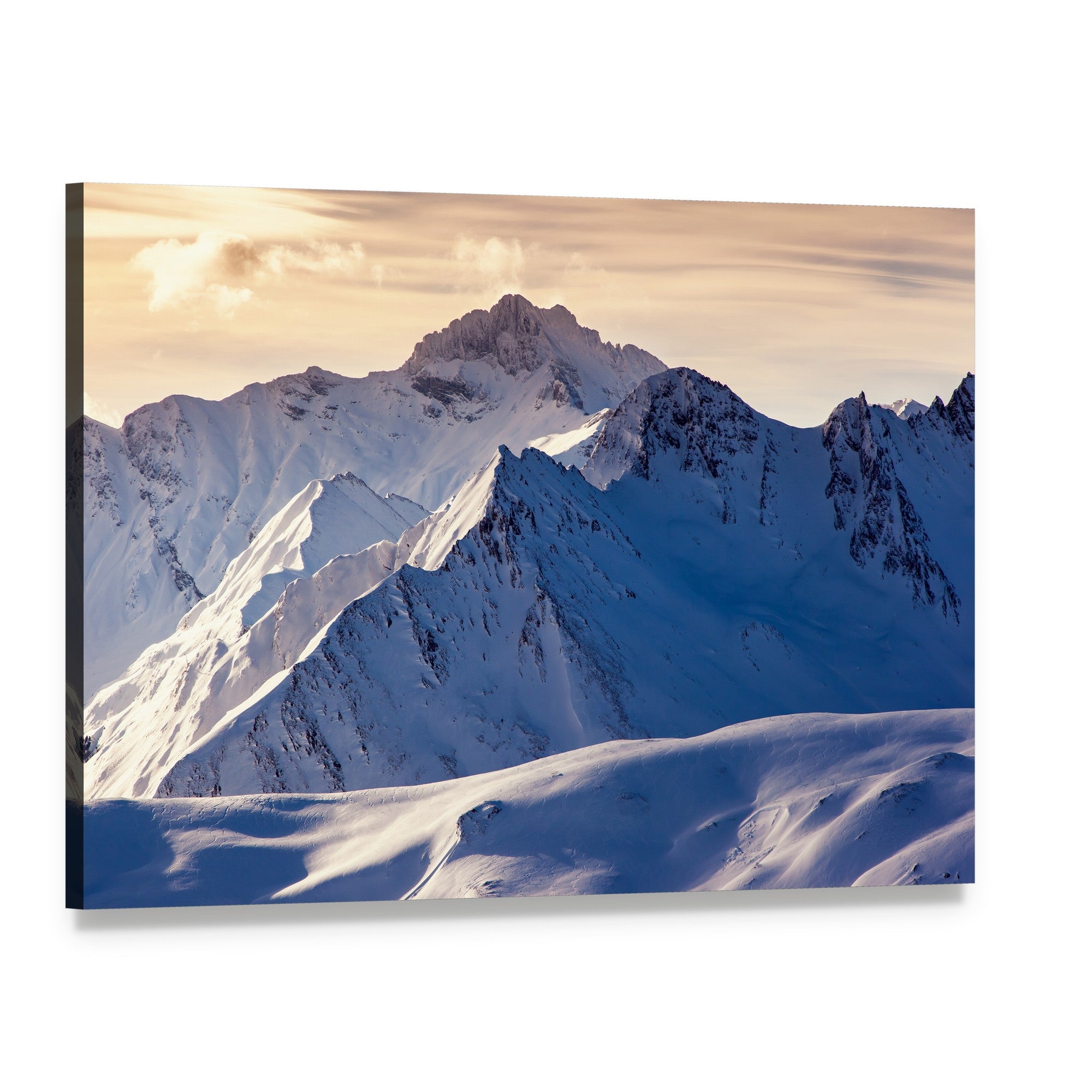 Serene Winter Landscape with Snowy Mountains Canvas Wall Art, single panel gallery wrapped canvas, angled product view