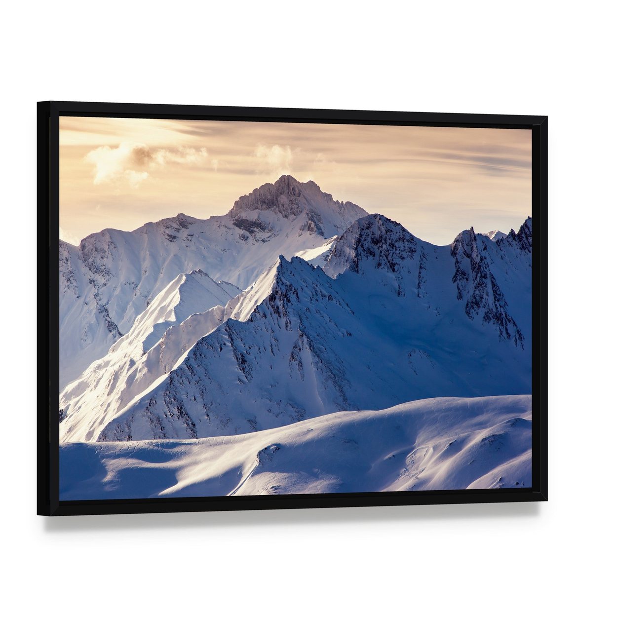Serene Winter Landscape with Snowy Mountains Canvas Wall Art, framed canvas in a black floater frame, angled product view