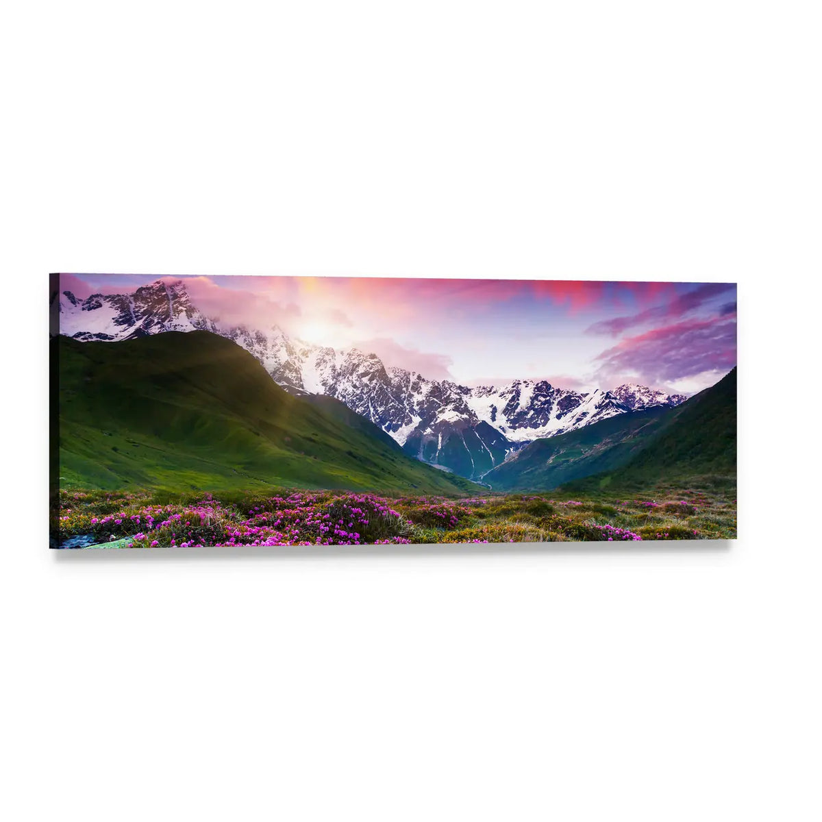 Dawn Over Snow-capped Mountains Panoramic Canvas Wall Art, single panel gallery wrapped canvas, angled product view