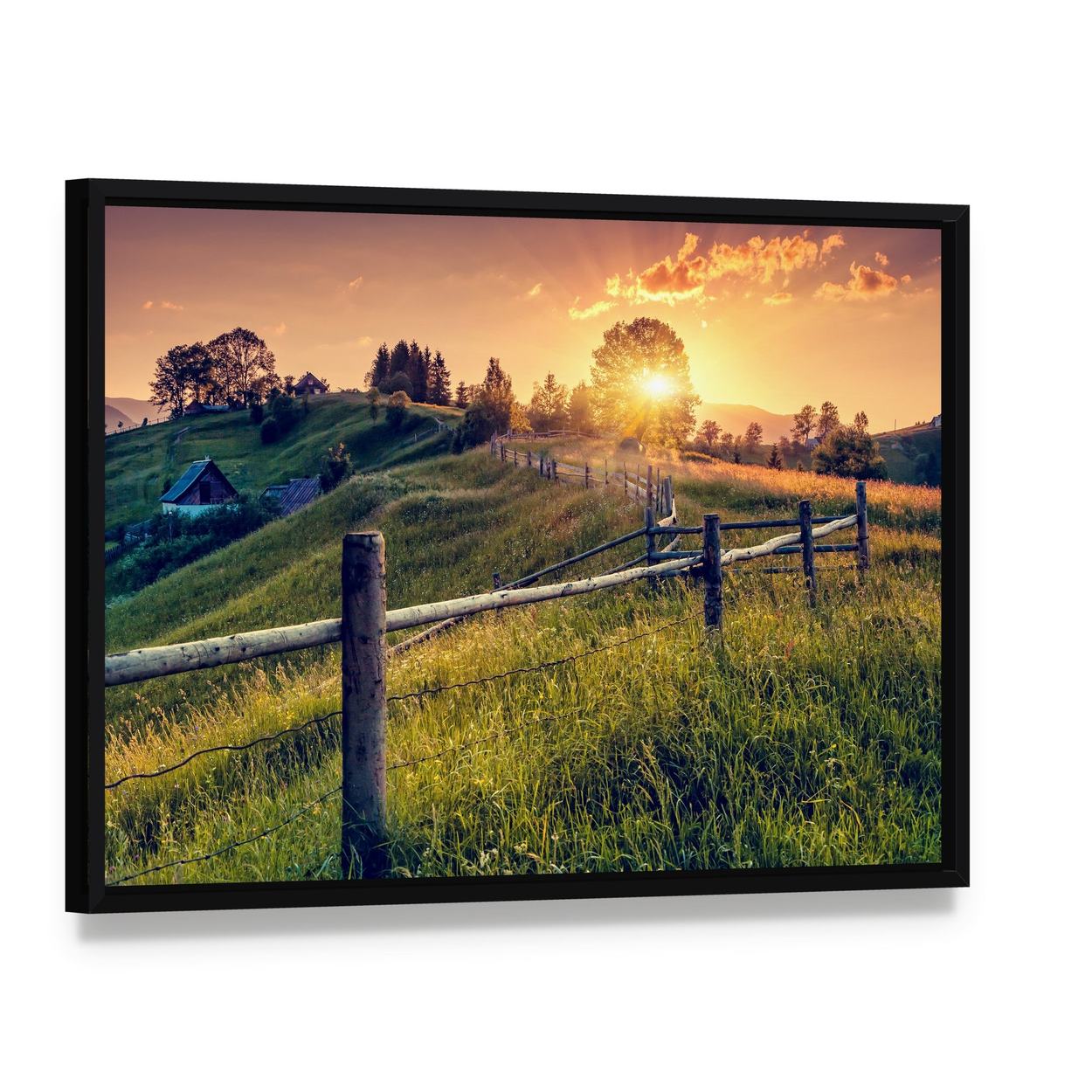 Sunset Farmhouse with Wooden Fence Canvas Wall Art, framed canvas in a black floater frame, angled product view
