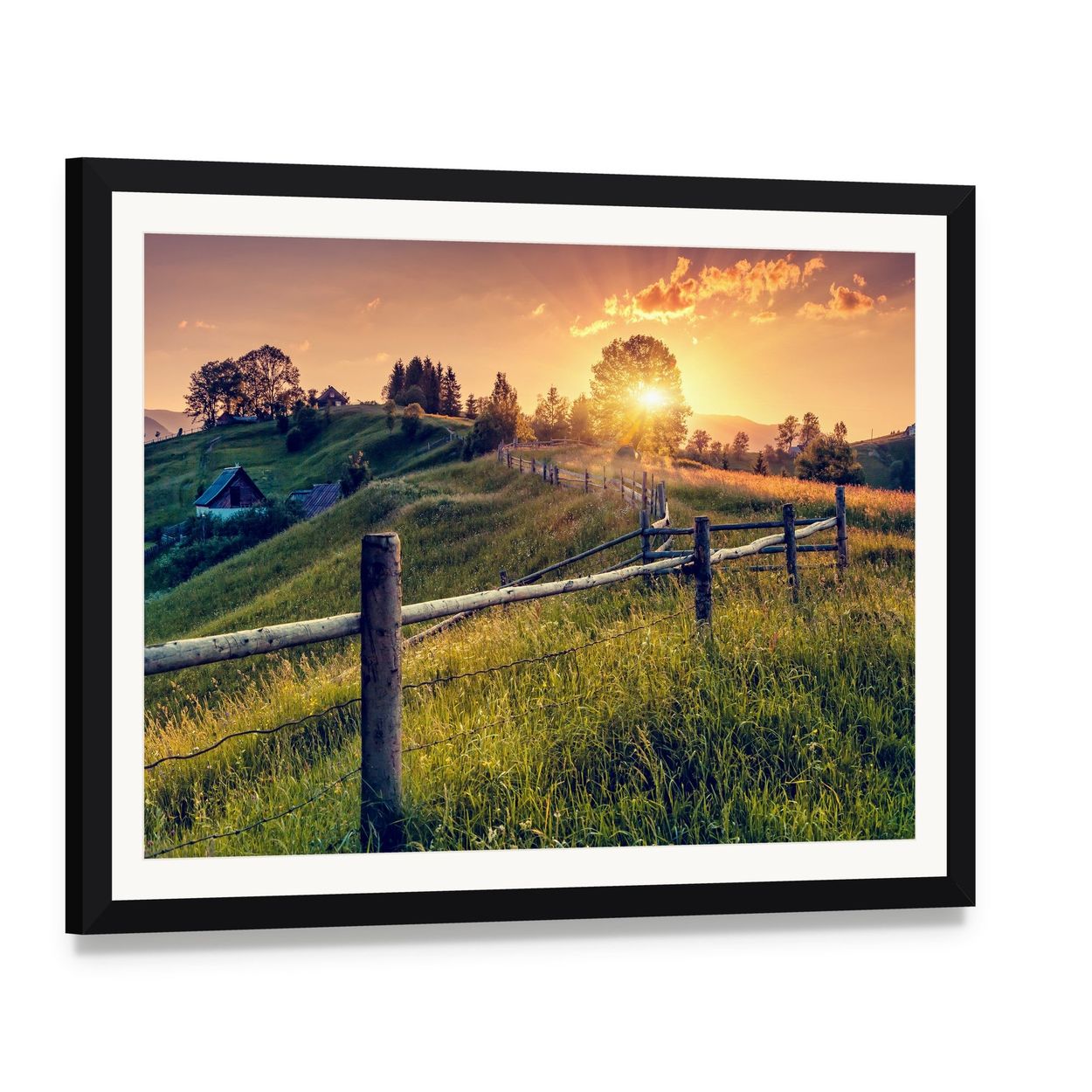 Sunset Farmhouse with Wooden Fence Canvas Wall Art, framed print with white mat and black frame, angled product view
