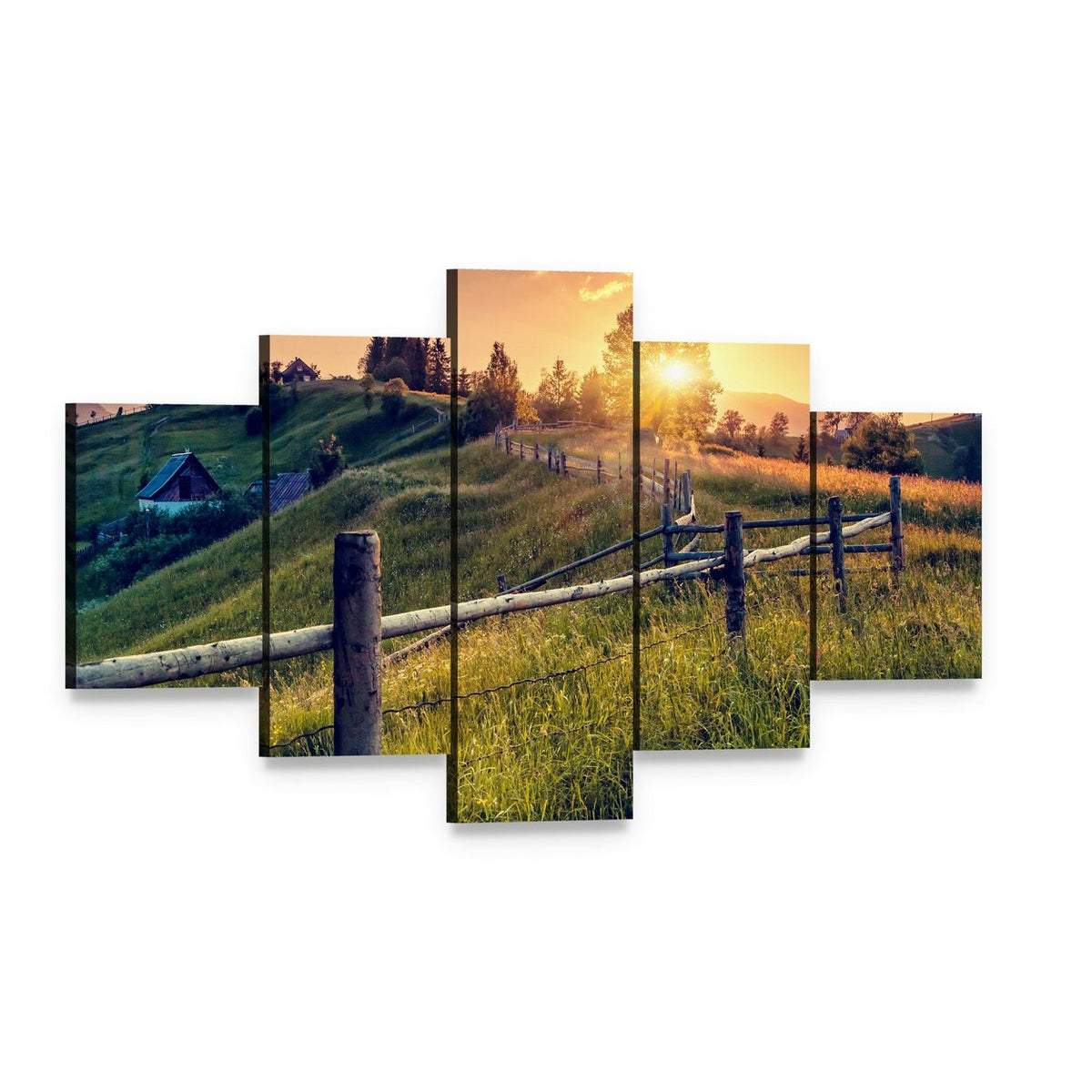 Sunset Farmhouse with Wooden Fence Canvas Wall Art, 5 panel 5 Star layout gallery wrapped canvas set, angled product view