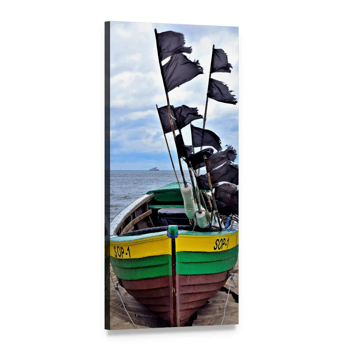 Sop-1 Fishing Boat with Black Flags Vertical Canvas Wall Art, 1 panel 1 Vertical layout gallery wrapped canvas set, angled product view