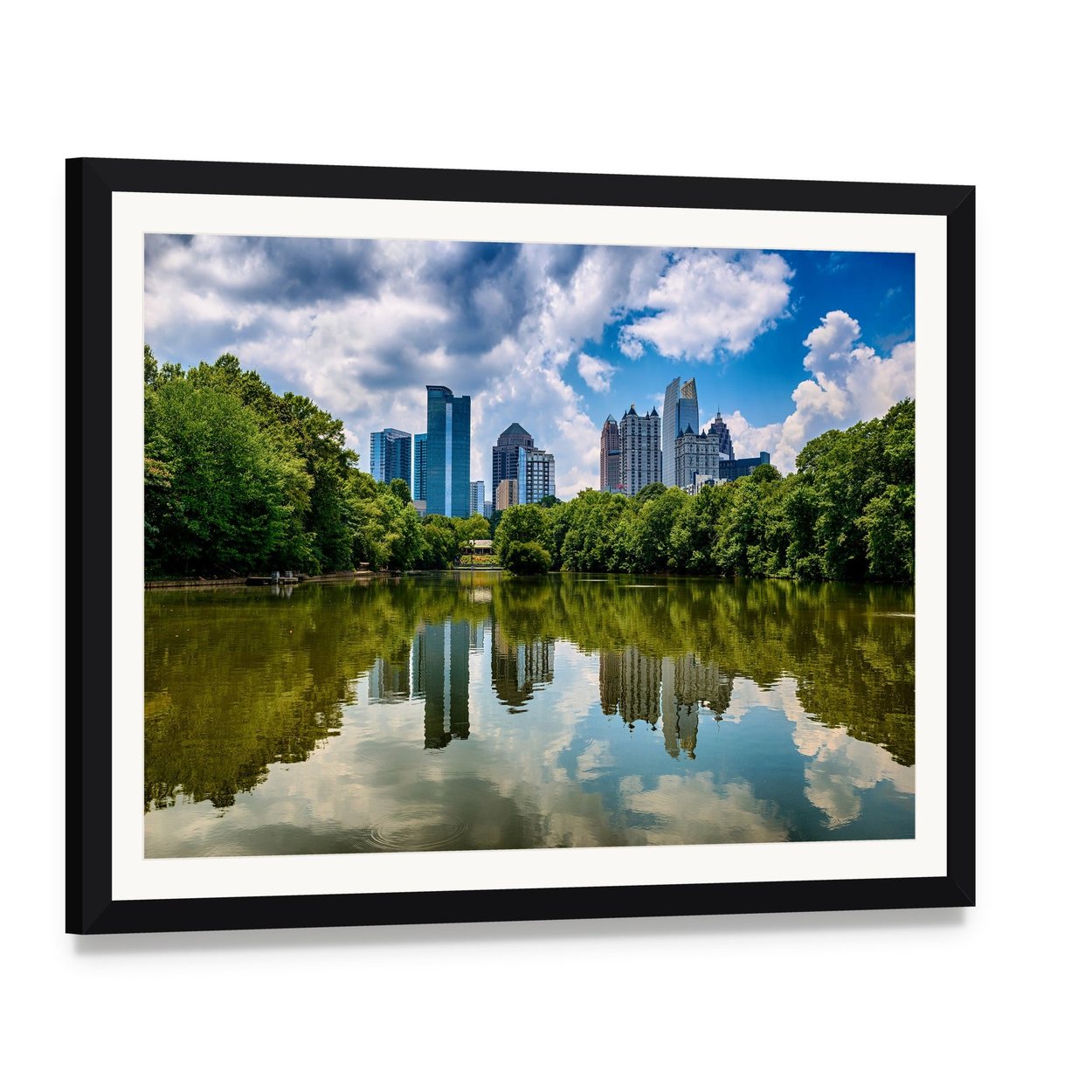 Downtown Atlanta Skyline Canvas Wall Art, framed print with white mat and black frame, angled product view