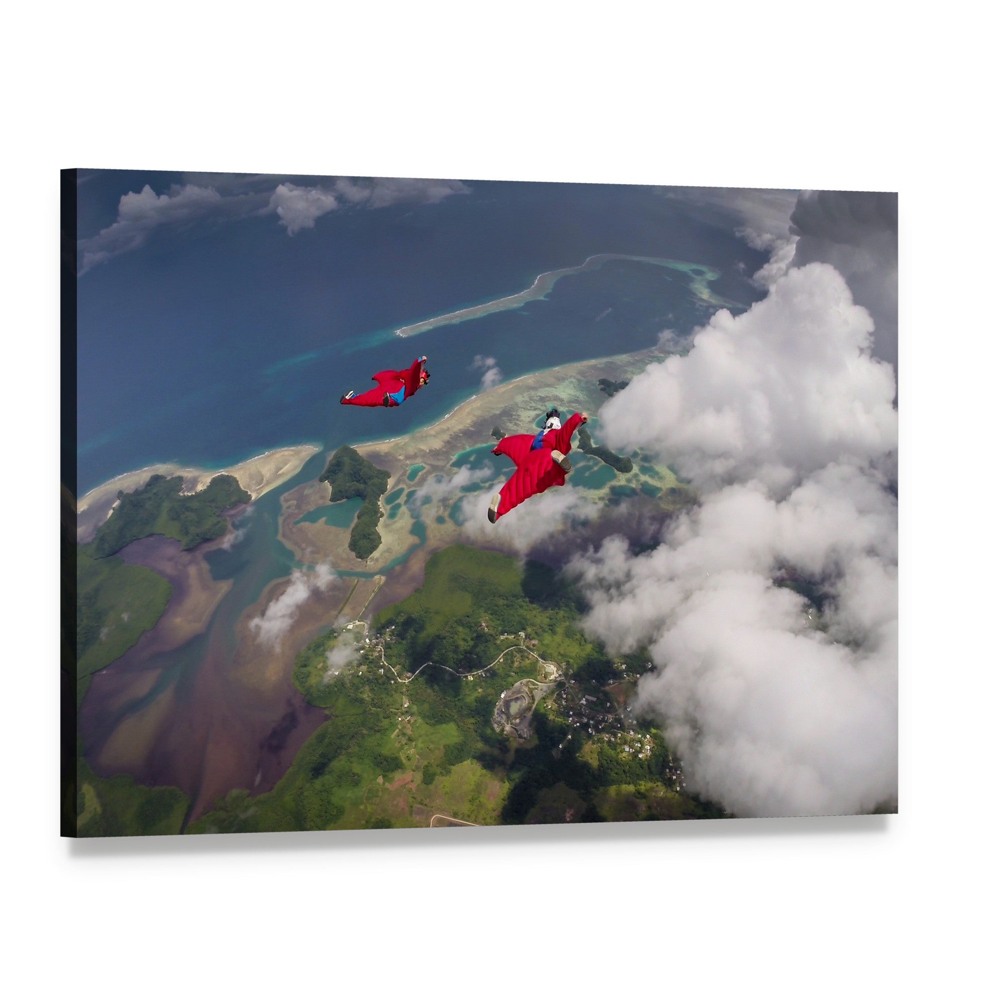 Wingsuit Flying Over Turquoise Ocean Canvas Wall Art, single panel gallery wrapped canvas, angled product view