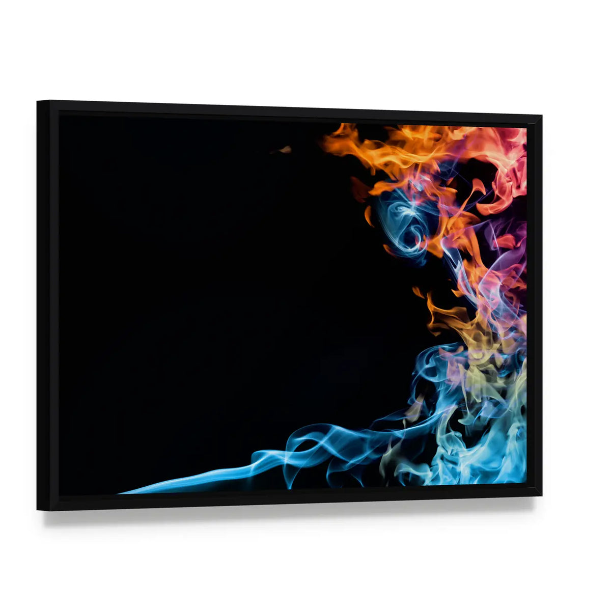 Fire and Smoke Abstract Canvas Wall Art, framed canvas in a black floater frame, angled product view