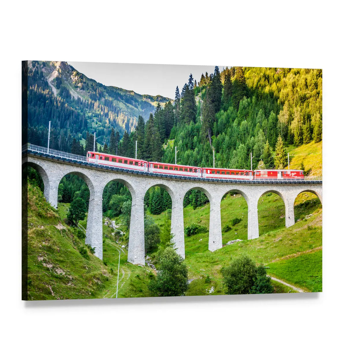 Red Train on Swiss Stone Viaduct Canvas Wall Art, single panel gallery wrapped canvas, angled product view