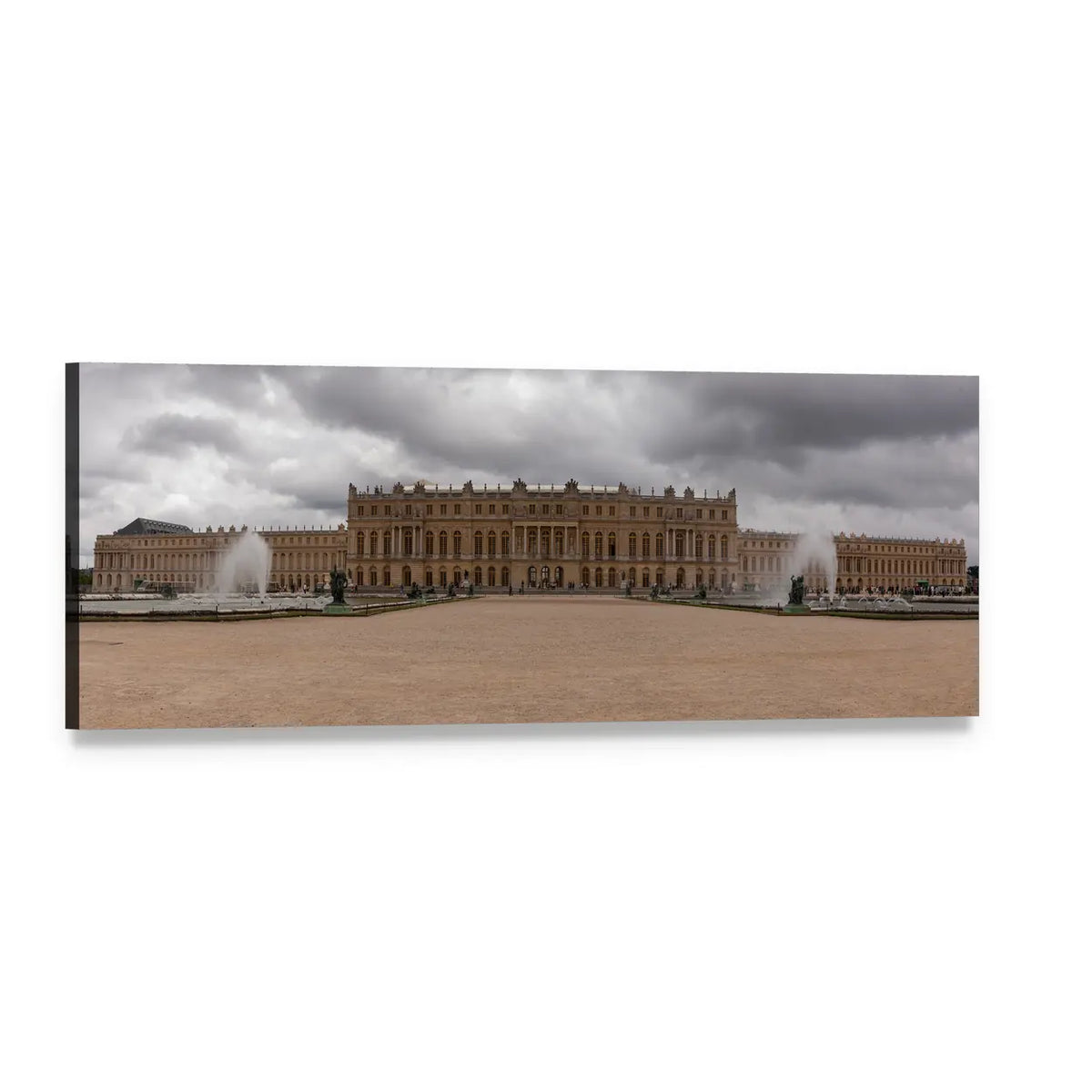 Classical French Palace Facade with Fountains Panoramic Canvas Wall Art, single panel gallery wrapped canvas, angled product view