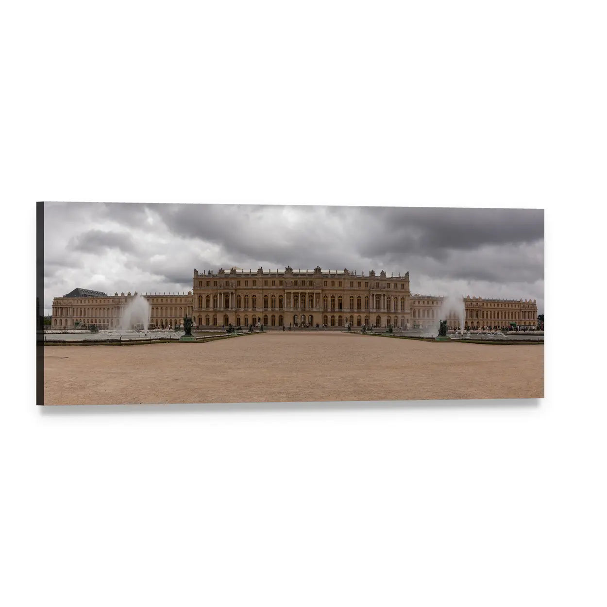 Classical French Palace Facade with Fountains Panoramic Canvas Wall Art, single panel gallery wrapped canvas, angled product view