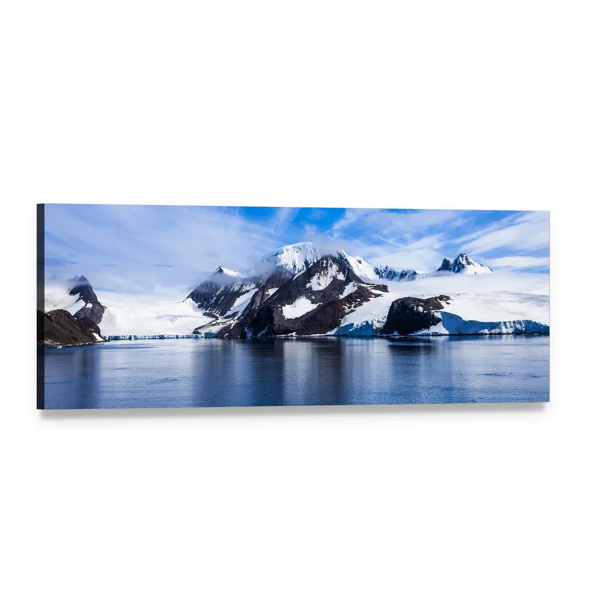Antarctic Glacier Reflections Panoramic Canvas Wall Art, single panel gallery wrapped canvas, angled product view