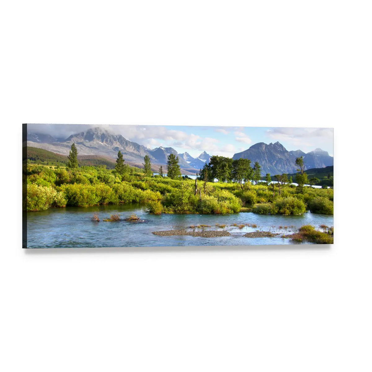 Lake with Snow-capped Peaks and Lush Riverbank Panoramic Canvas Wall Art, single panel gallery wrapped canvas, angled product view