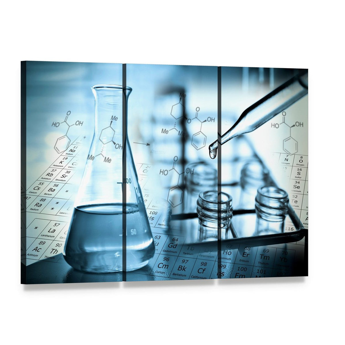 Laboratory Dropper Over Test Tube Canvas Wall Art, 3 panel 3 Horizontal layout gallery wrapped canvas set, angled product view