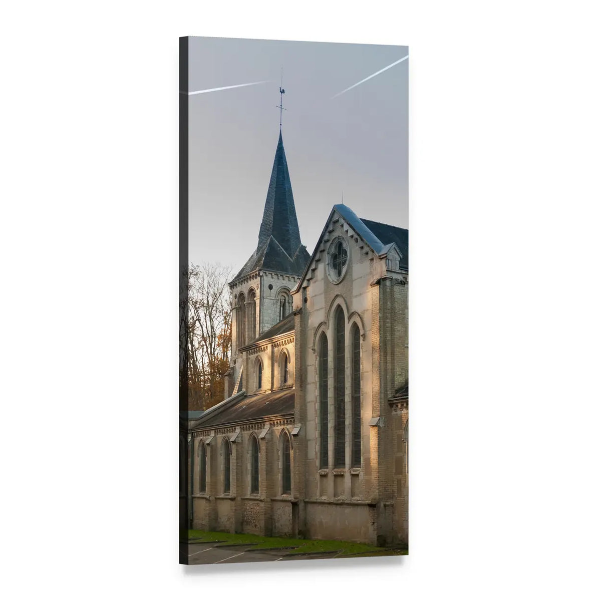 Gothic Church Steeple in Fall Vertical Canvas Wall Art, 1 panel 1 Vertical layout gallery wrapped canvas set, angled product view