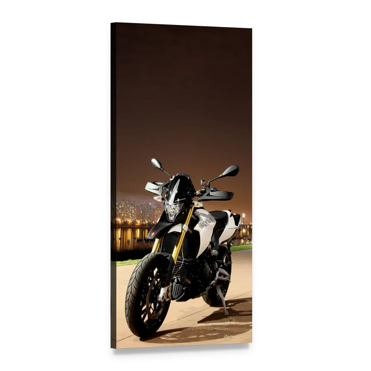 White and Black Sport Motorcycle at Night Vertical Canvas Wall Art, 1 panel 1 Vertical layout gallery wrapped canvas set, angled product view