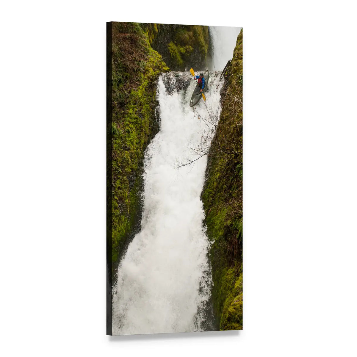 Kayaker at Oregon Waterfall Vertical Canvas Wall Art, 1 panel 1 Vertical layout gallery wrapped canvas set, angled product view