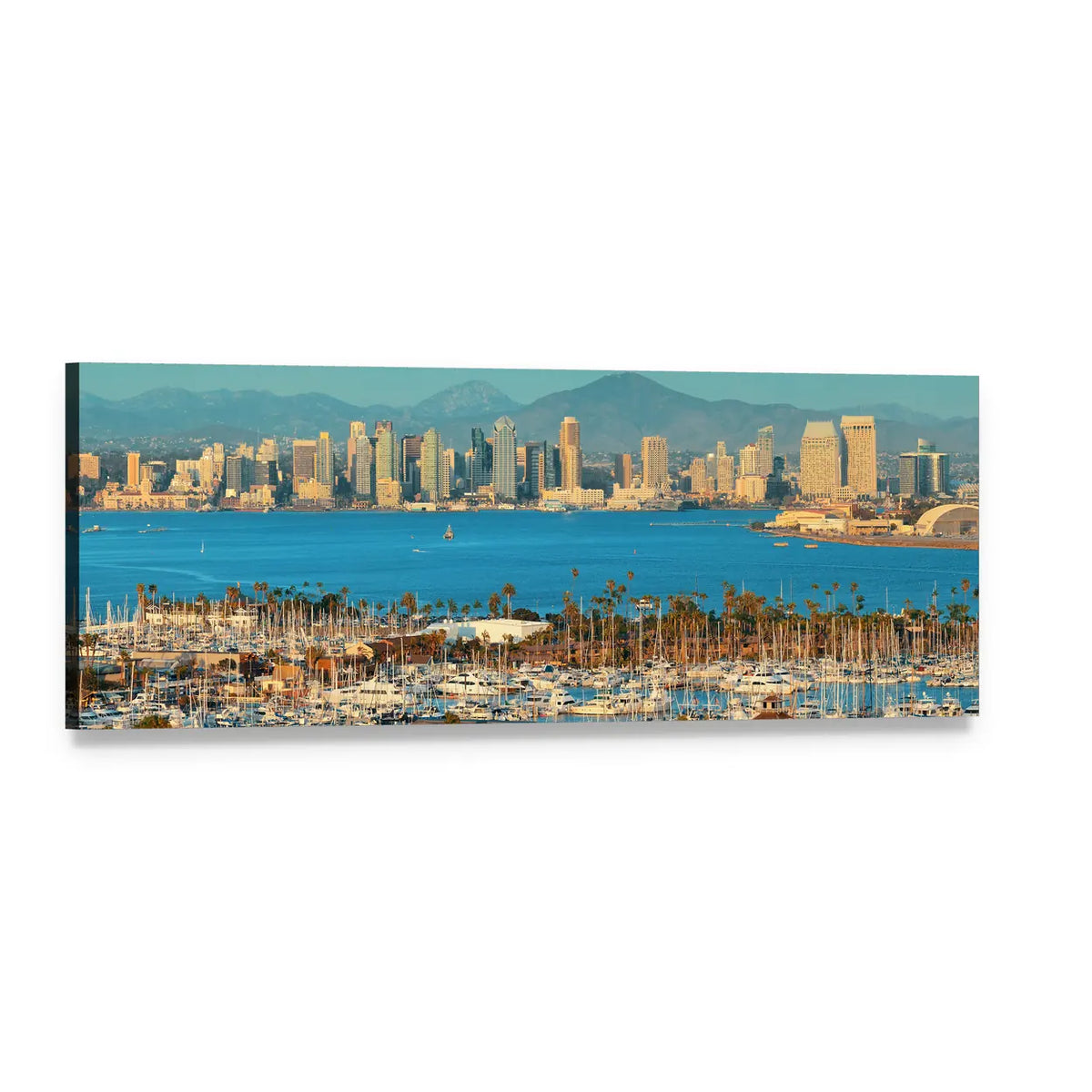 San Diego Skyline Panoramic Canvas Wall Art, single panel gallery wrapped canvas, angled product view