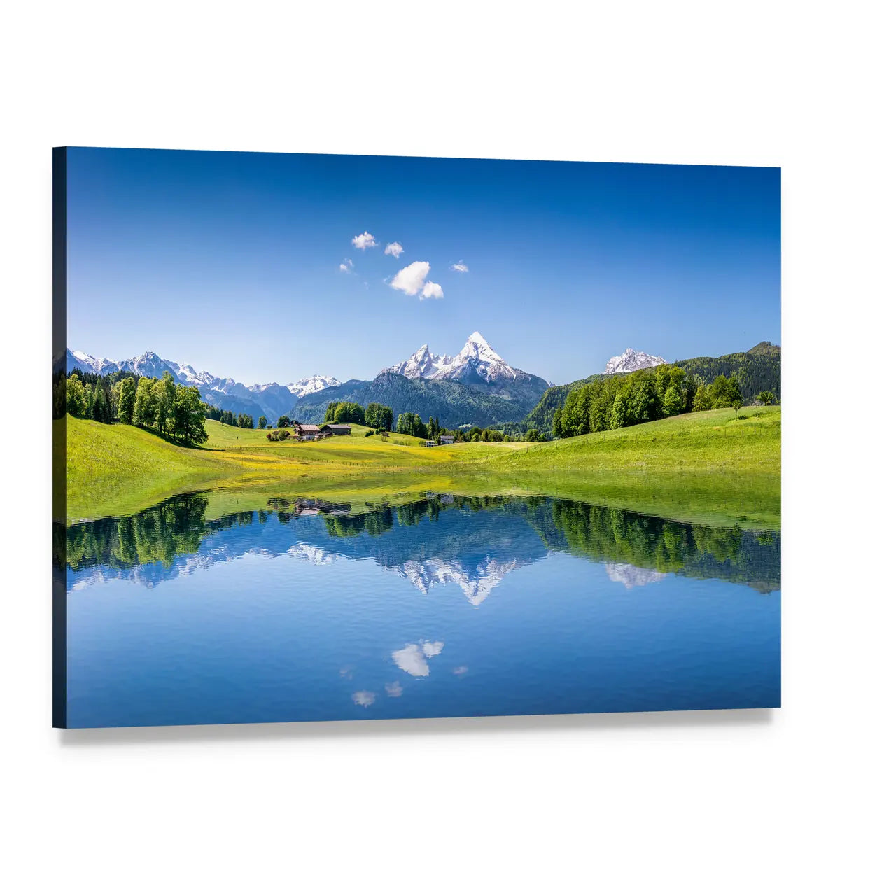 Summer Lake with Snow-capped Mountains Canvas Wall Art, single panel gallery wrapped canvas, angled product view