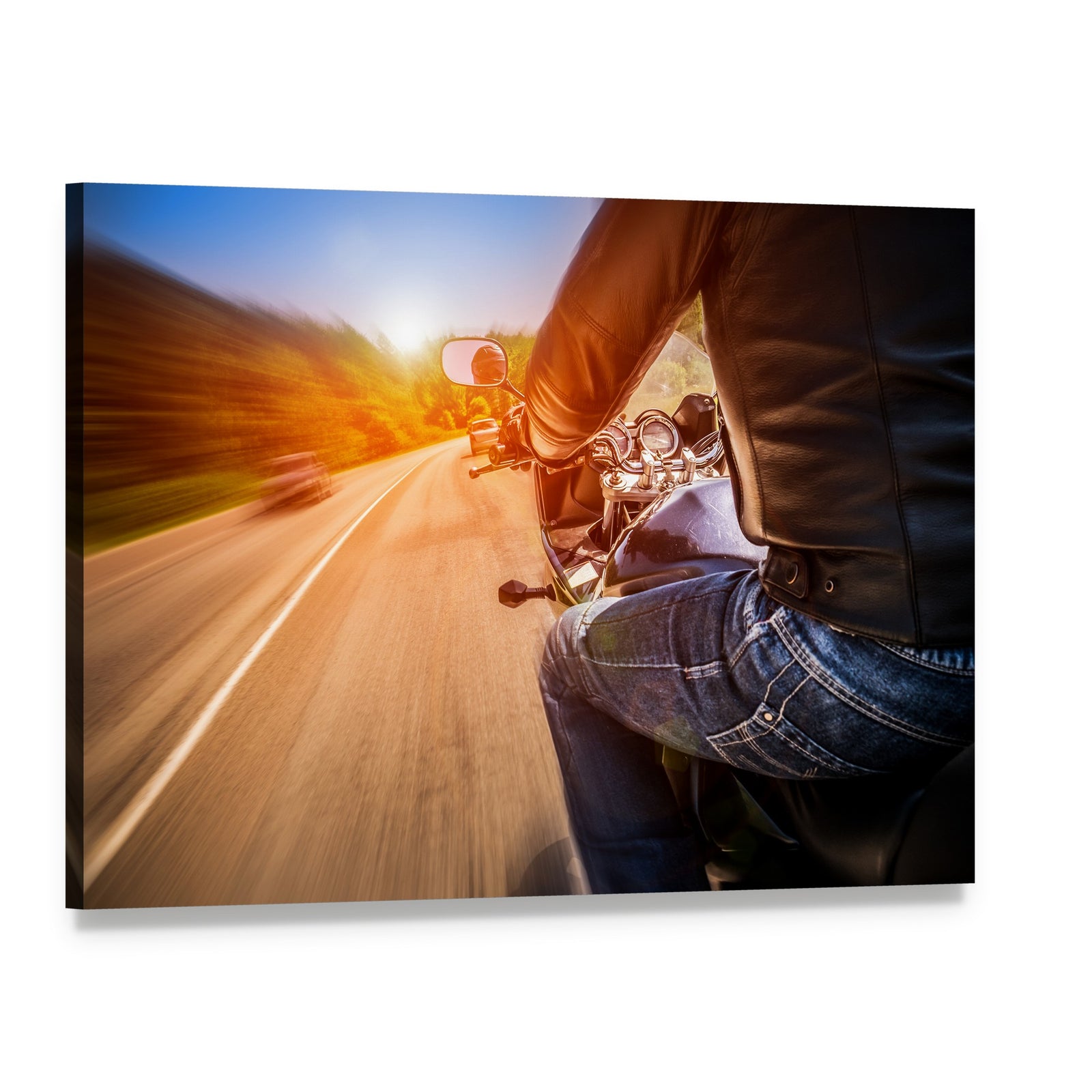 Biker Driving a Motorcycle Canvas Wall Art, single panel gallery wrapped canvas, angled product view