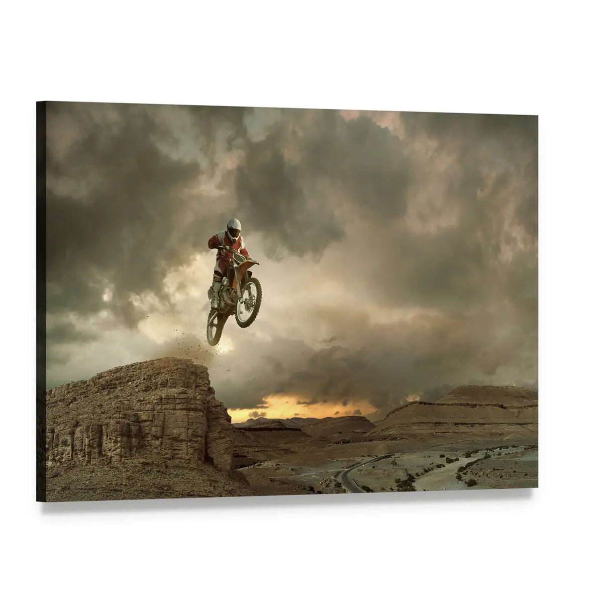 Motocross Rider Mid-air Over Desert Canyon Canvas Wall Art, single panel gallery wrapped canvas, angled product view