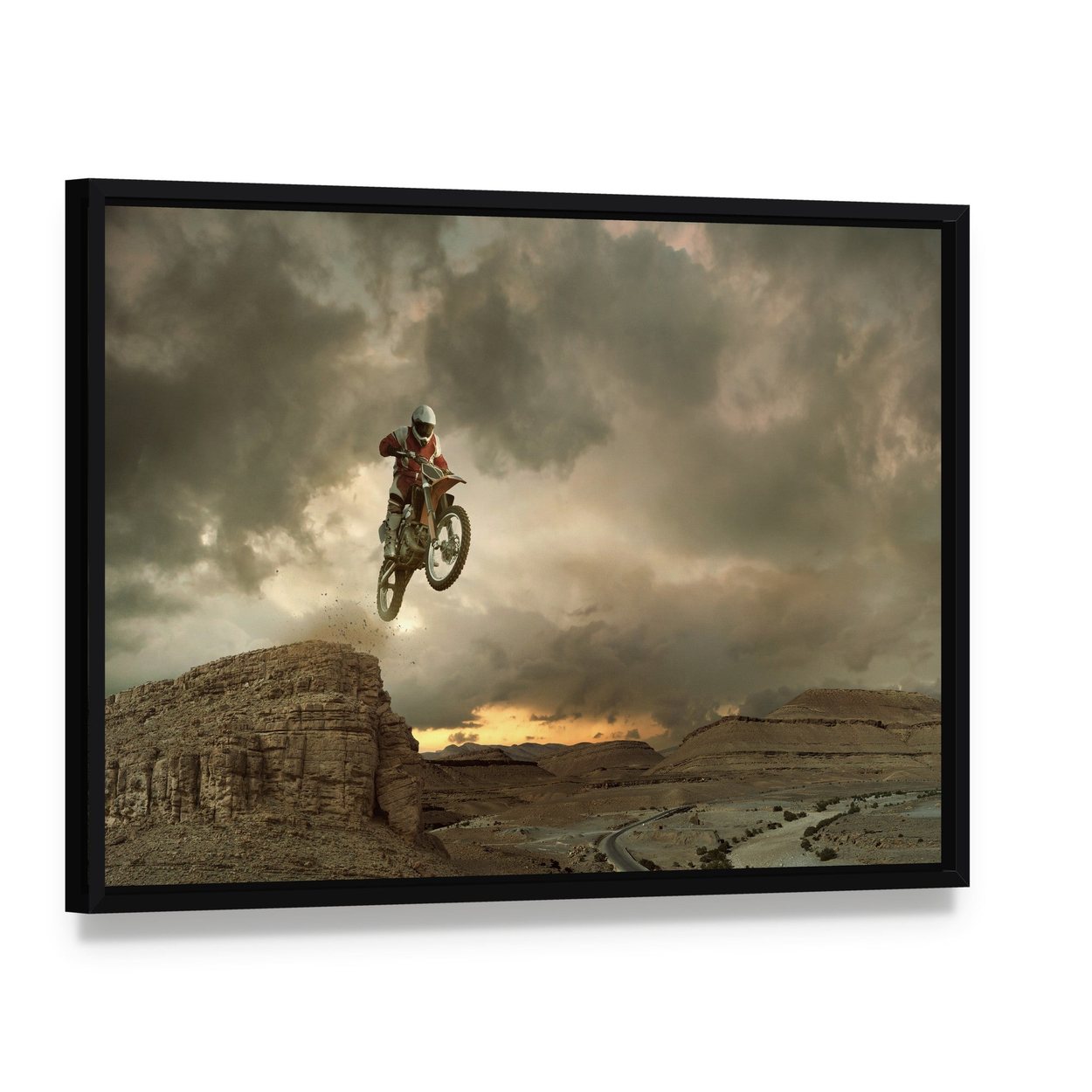 Biker Doing Stunt Canvas Wall Art, framed canvas in a black floater frame, angled product view