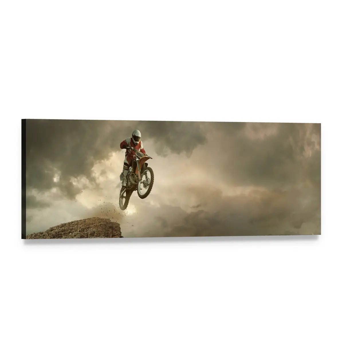 Motocross Rider Mid-air Jump Panoramic Canvas Wall Art, single panel gallery wrapped canvas, angled product view
