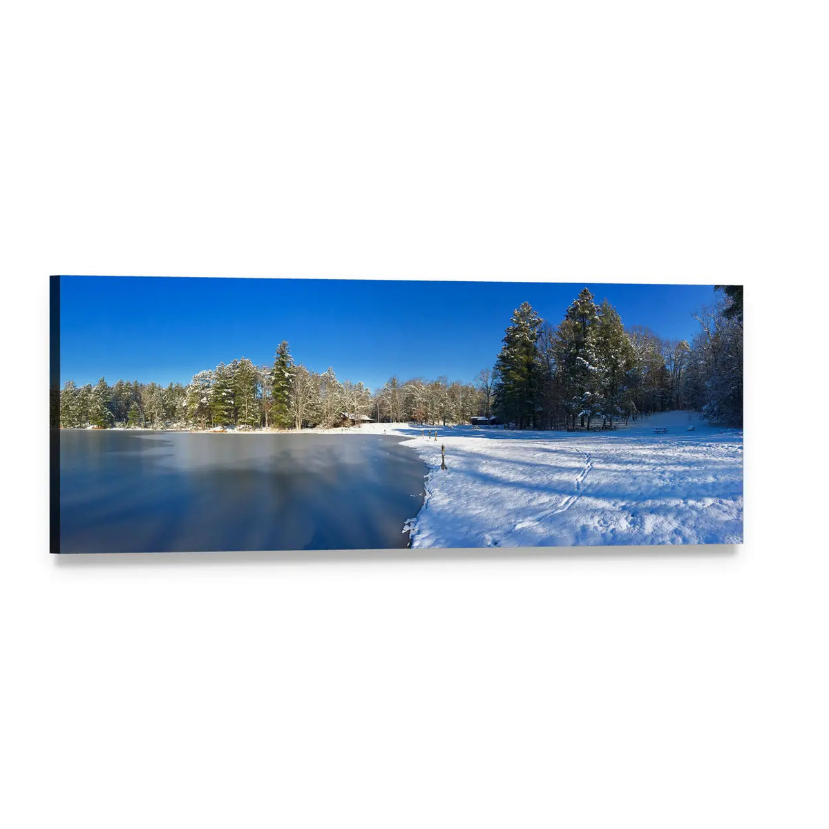 Winter Lake Landscape Panoramic Canvas Wall Art, single panel gallery wrapped canvas, angled product view