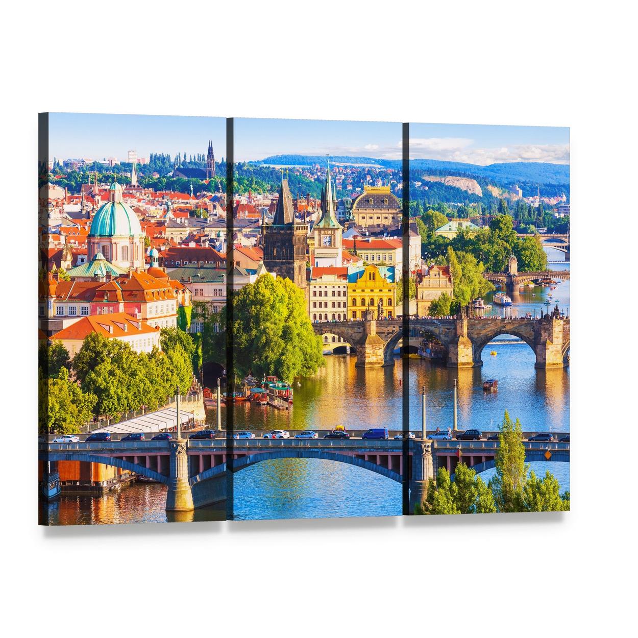 Vltava River and Old Town Skyline Canvas Wall Art, 3 panel 3 Horizontal layout gallery wrapped canvas set, angled product view