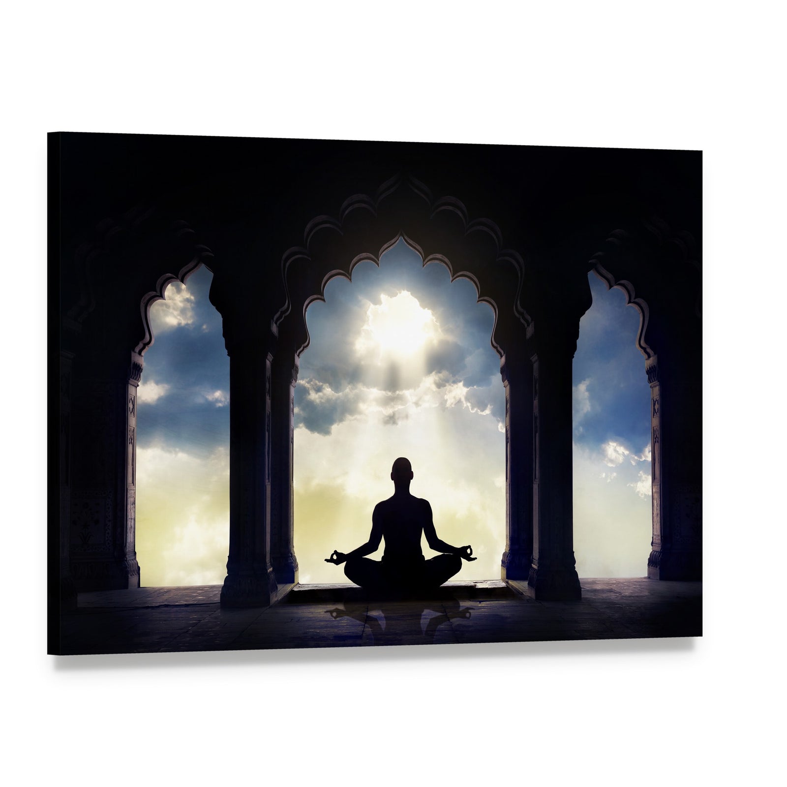 Meditating in Old Temple Canvas Wall Art, single panel gallery wrapped canvas, angled product view