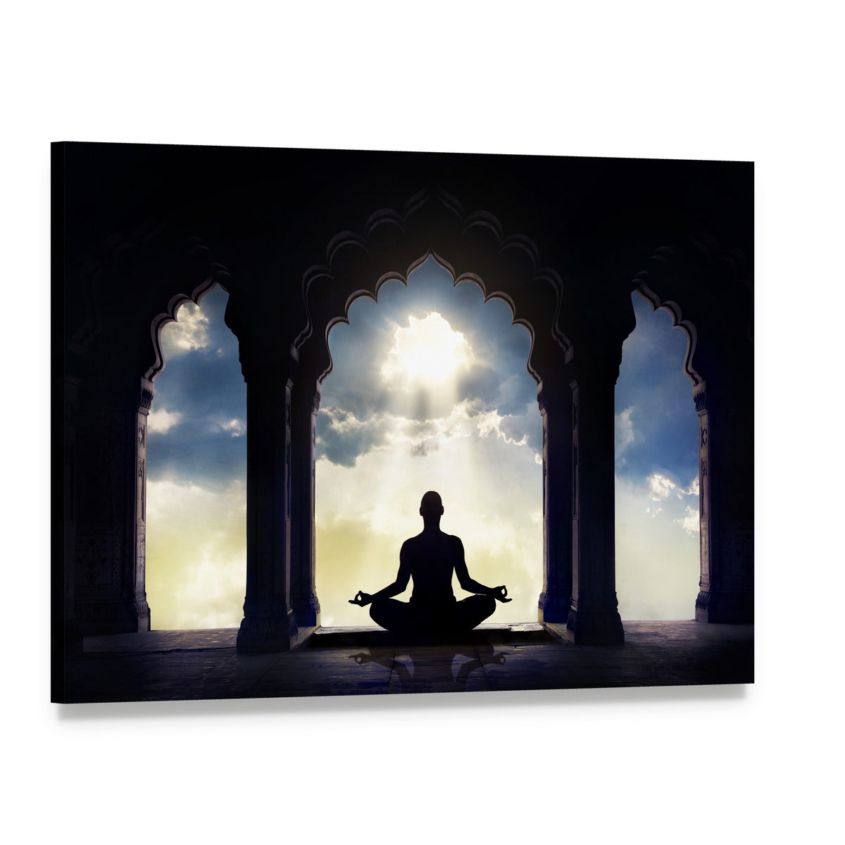 Meditating in Old Temple Canvas Wall Art, single panel gallery wrapped canvas, angled product view