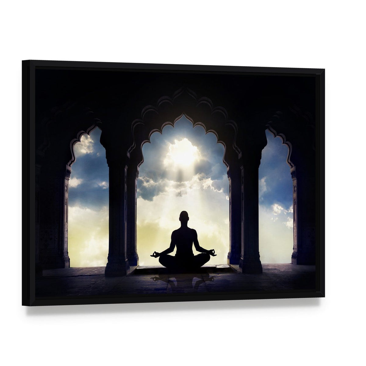 Meditating in Old Temple Canvas Wall Art, framed canvas in a black floater frame, angled product view
