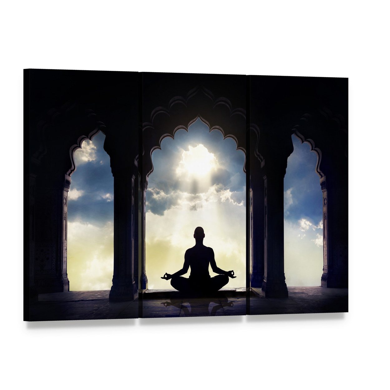 Meditating in Old Temple Canvas Wall Art, 3 panel 3 Horizontal layout gallery wrapped canvas set, angled product view
