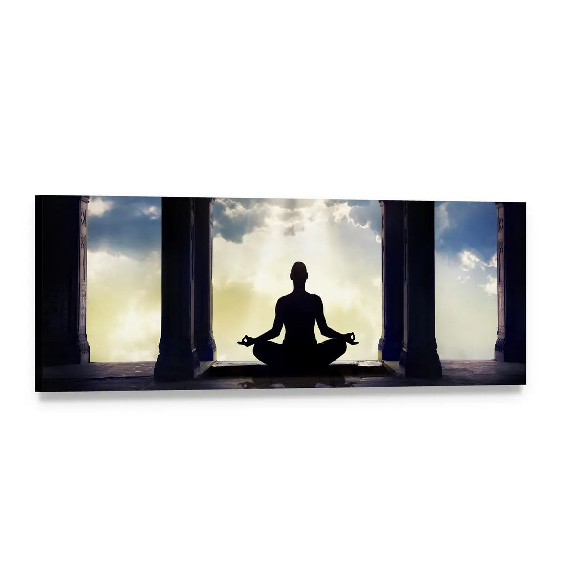 Meditation Silhouette in Stone Temple at Dawn Panoramic Canvas Wall Art, single panel gallery wrapped canvas, angled product view