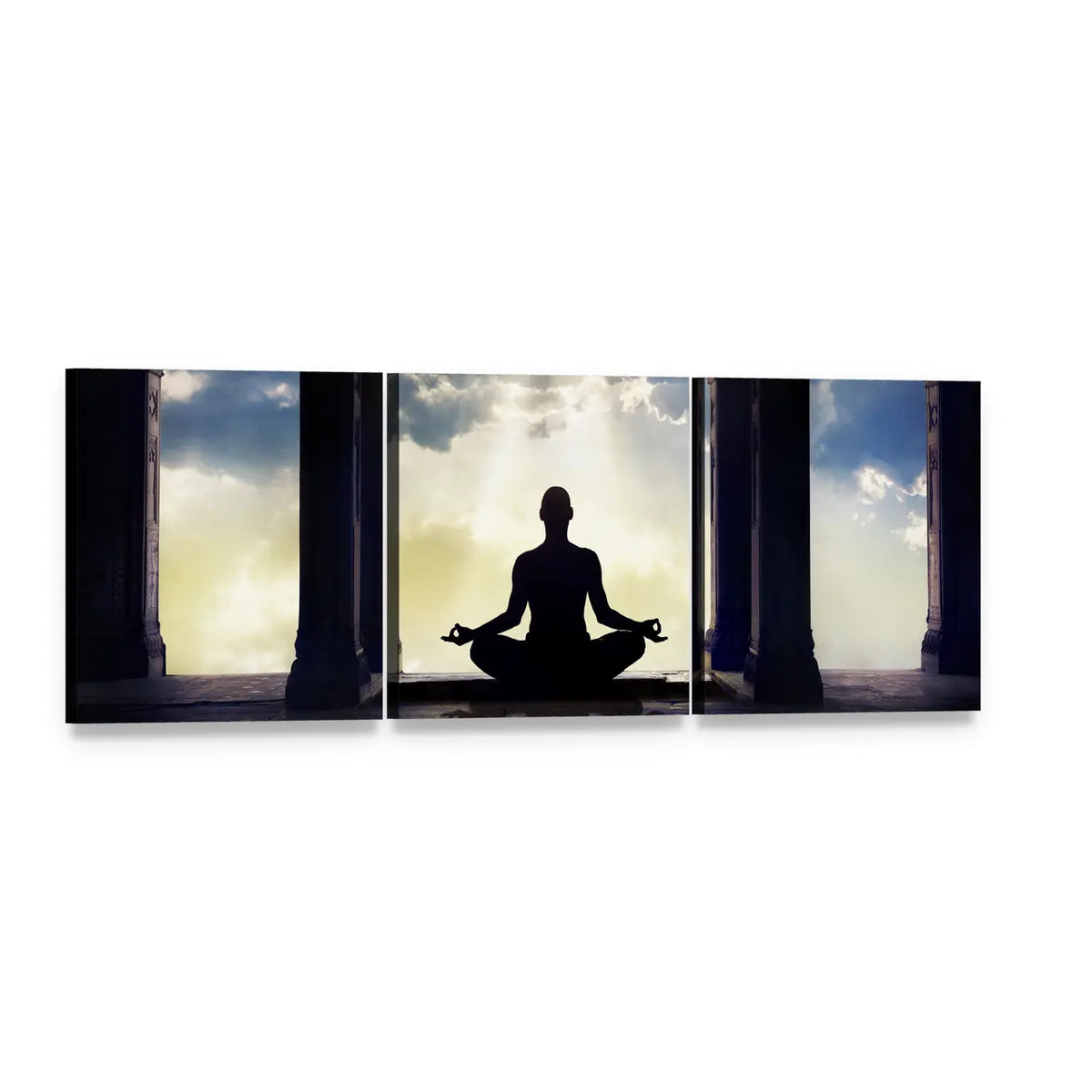 Meditation Silhouette in Stone Temple at Dawn Panoramic Canvas Wall Art, 3 panel 3 Piece layout gallery wrapped canvas set, angled product view