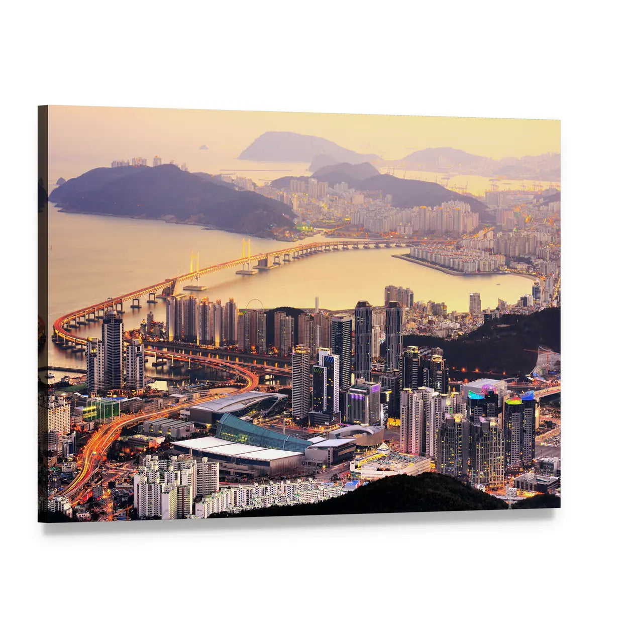 Coastal City Skyline at Golden Dusk Canvas Wall Art, single panel gallery wrapped canvas, angled product view