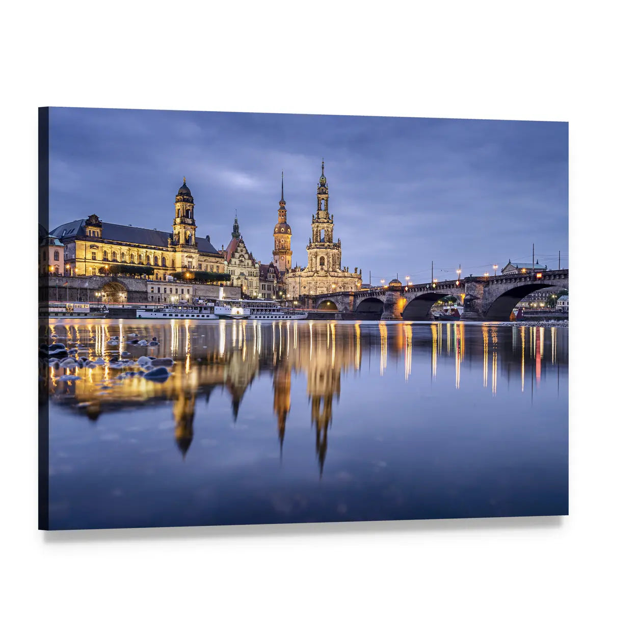 European City Skyline with Stone Bridge Reflection Canvas Wall Art, single panel gallery wrapped canvas, angled product view