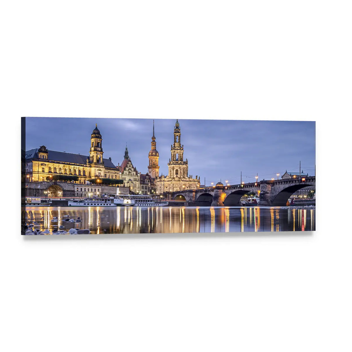 Elbe River Cityscape at Dusk Panoramic Canvas Wall Art, single panel gallery wrapped canvas, angled product view