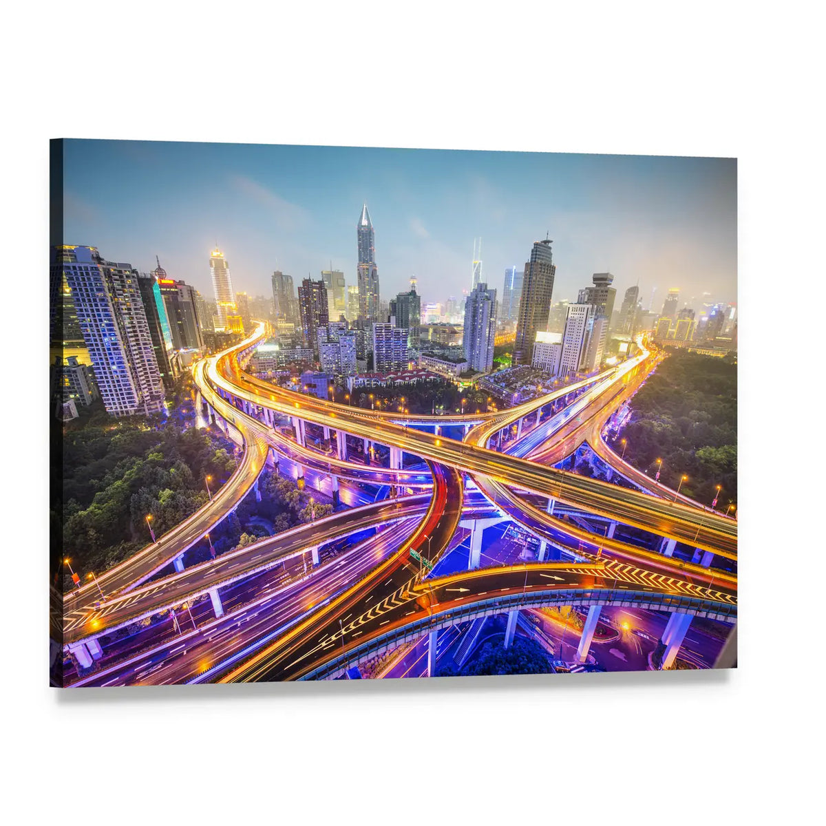 Shanghai Highway Interchange at Night Canvas Wall Art, single panel gallery wrapped canvas, angled product view